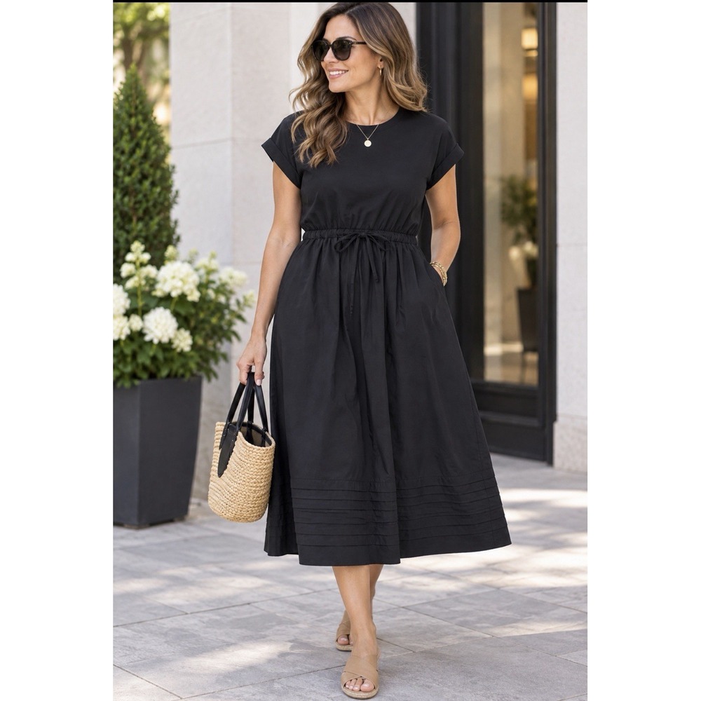 La Ligne New York T-Shirt Dress Shirring Women's XS Black A-Line Midi Cap Sleeve
